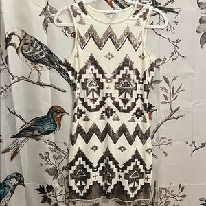 Express Women's Black and Cream Patterned Mini Dress 15ptp/32length